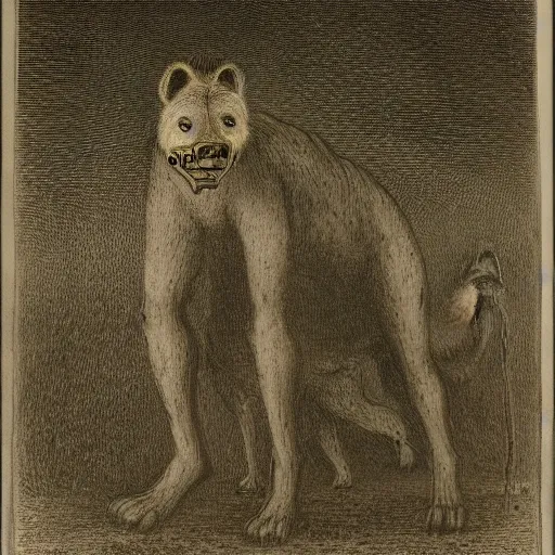 Image similar to giant hyena standing on a desert road at night, hard flash, by alfred kubin