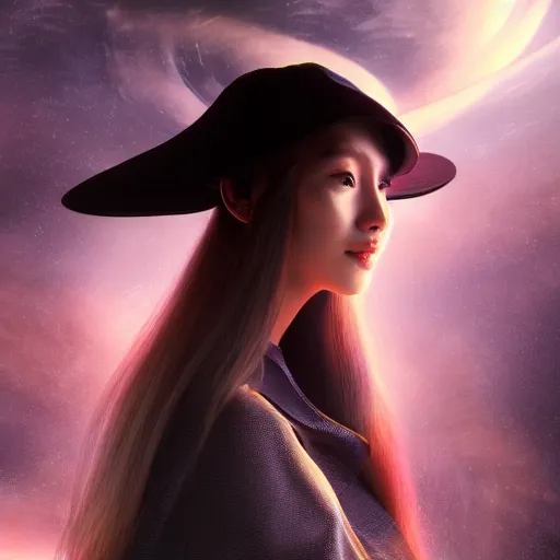 Prompt: a portrait of a beautiful woman exploring a space ship by zhang jingna, long hair, aged 2 5, swedish, wearing a travel hat, photo realistic, real life, photograph, 3 5 mm, octane render, trending on artstation