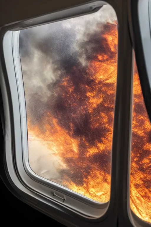 Prompt: passenger looking a wildfire at window in airplane, by romain hugault