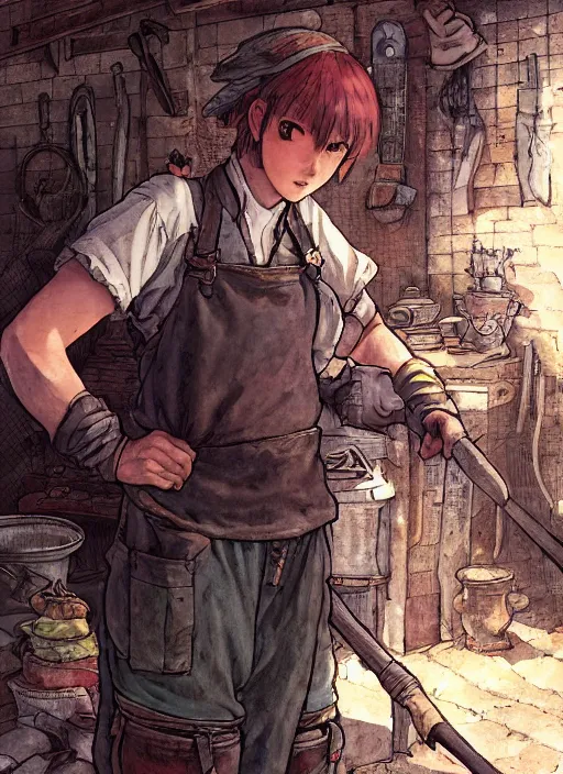 Prompt: character portrait of a blacksmith tomboy at the smithy, hidari, color page, tankoban, 4K, tone mapping, Akihiko Yoshida.