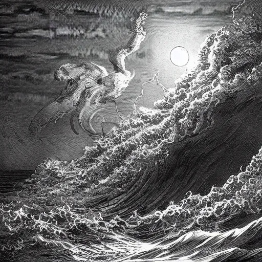 Image similar to a traditional portait of cthulhu, small town, night, soaring waves, clouds, illustration by Gustave Doré