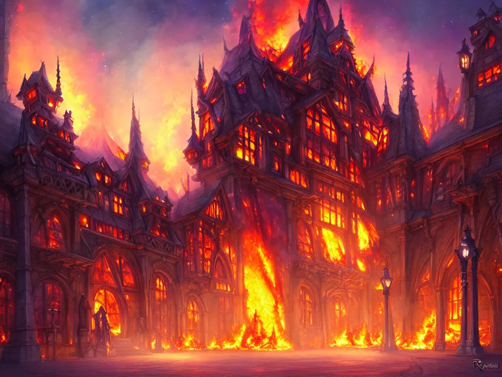 Prompt: gorgeous exterior picture of a fantasy guild building, burning down, majestic design, tower, ornamental, big entrance, colorful, high fantasy, by rossdraws, ralph horsley, artstationhd