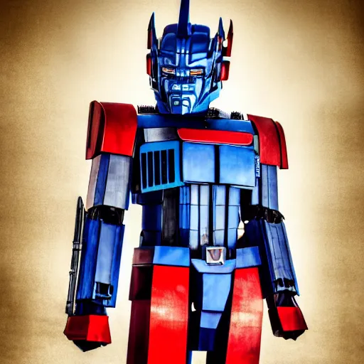 Image similar to A man dressed as Optimus prime, 8k, digital photograph