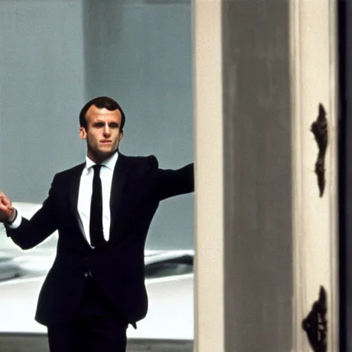 Image similar to Emmanuel Macron doing a hold up in American Psycho (1999)