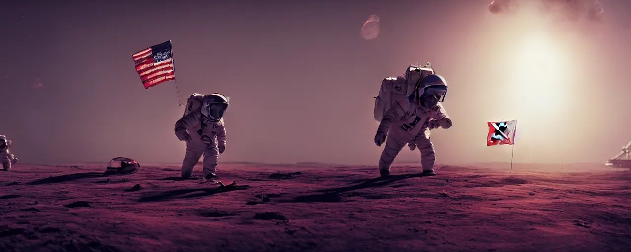 Image similar to a lonely red cosmonaut holding vietnam flag, standing on the moon spaceship in the background, wide angle cinematic composition, concept art by greg rutkowski, octane render