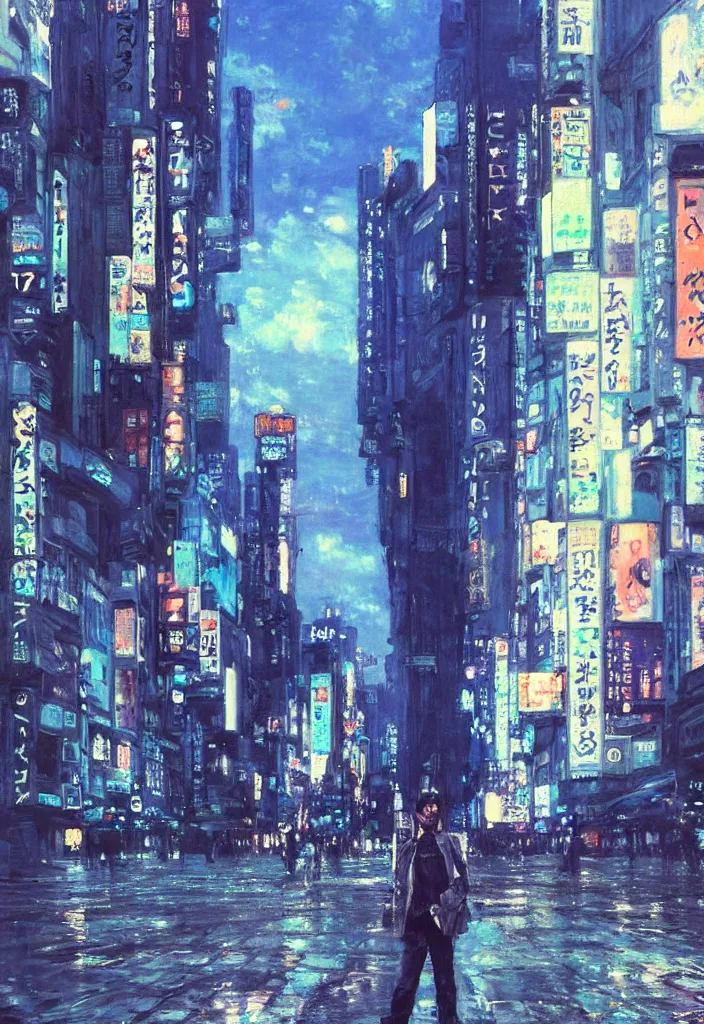 Prompt: tiny god in front of shibuya. cyberpunk. beautiful blue sky. gorgeous epic nature, lofi, vivid colors, amazing light, by jeremy lipkin, by claude monet, heavily inspired by makoto shinkai, inspired by ghibli, masterpiece, multiple brush strokes, impressionist style