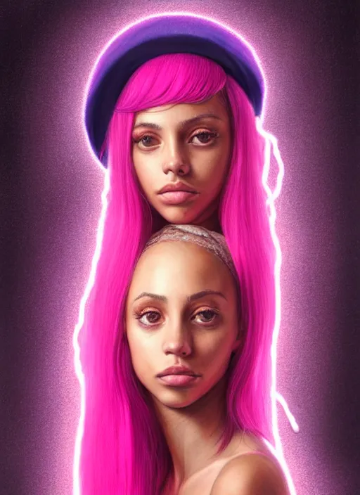 Image similar to portrait of teenage vanessa morgan with bright pink hair, vanessa morgan, curly pixie cut hair, wearing a purple breton cap, breton cap, hoop earrings, intricate, elegant, glowing lights, highly detailed, digital painting, artstation, concept art, smooth, sharp focus, illustration, art by wlop, mars ravelo and greg rutkowski