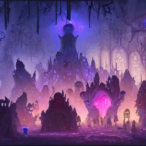 Image similar to concept art detailed painting of a dark purple fantasy fairytale fungal town made of mushrooms, with glowing blue lights, in the style of jordan grimmer and neil blevins and wayne barlowe