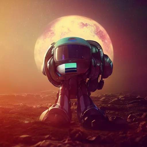 Prompt: beautiful portrait of a mecha astronaut alone on a distant planet lush with spaceship destroyed, octane render, trending on artstation, hyperrealistic, character photography