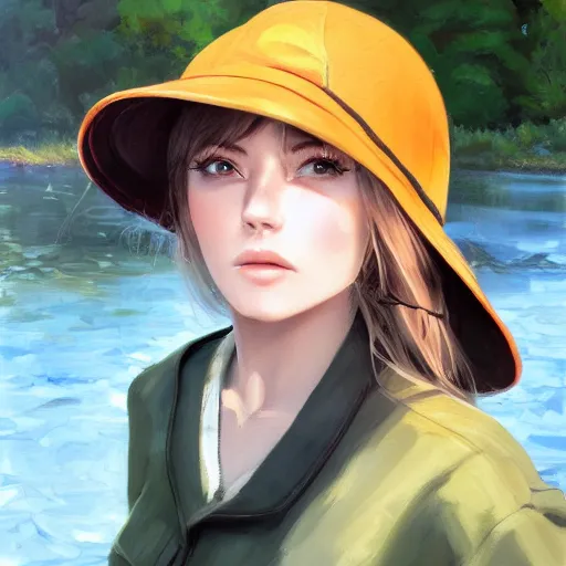 Prompt: oil painting by ilya kuvshinov,, baugh casey, artgerm craig mullins, coby whitmore, of a youthful anime girl, long hair, fishing and wearing fisherman's outfit, fisherman's hat, highly detailed, breathtaking face, studio photography, noon, intense bounced light, water reflection, large tree casting shadow, serine intense sunlight