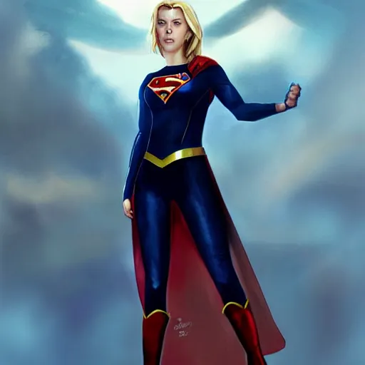 Image similar to scarlett johansson as supergirl, black uniform, by greg rutkowski