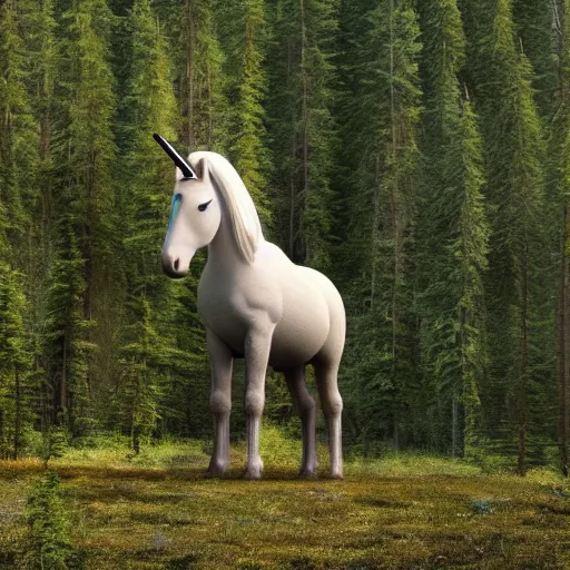 Prompt: a depressed unicorn standing next to a spruce forest, high resolution photograph