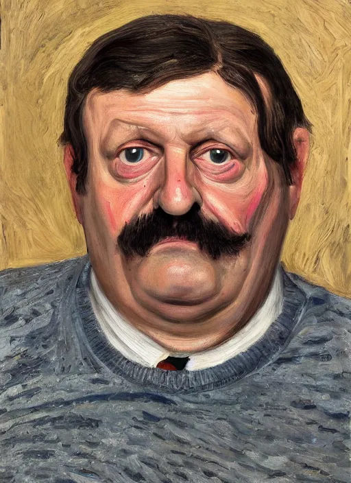 Image similar to Real life Bob Belcher, painted by Lucian Freud, highly detailed, 8k
