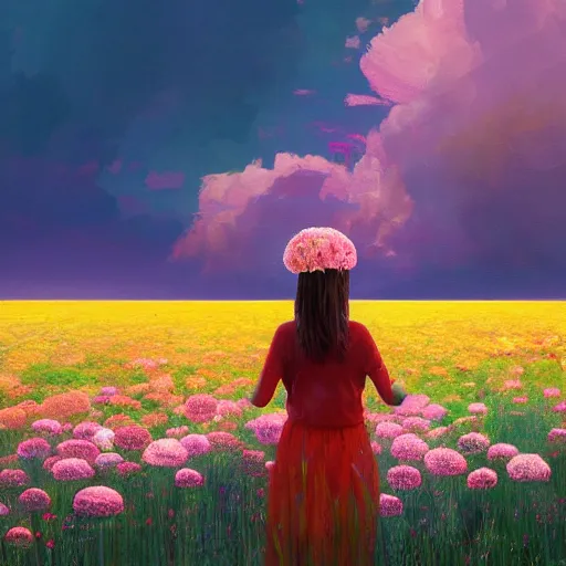 Image similar to head made of carnations, girl standing in a vast flower field, holding flowers, surreal photography, sunrise dramatic light, impressionist painting, colorful clouds, large sky, digital painting, artstation, simon stalenhag, flower face