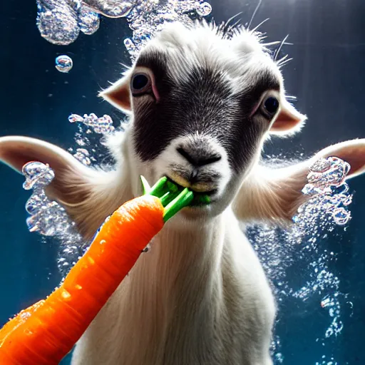 Prompt: Underwater shot of a baby goat’s head eating a carrot, water bubbles, particulate, extremely detailed, studio lighting