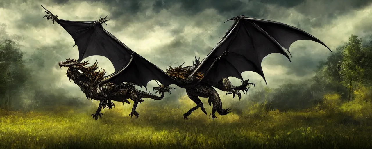 Prompt: A black gold fantasy dragon landing up in a meadow, wings outstretched. In the background is a lush forest. Background depth, detailed face, bold warm colors, graphic novel