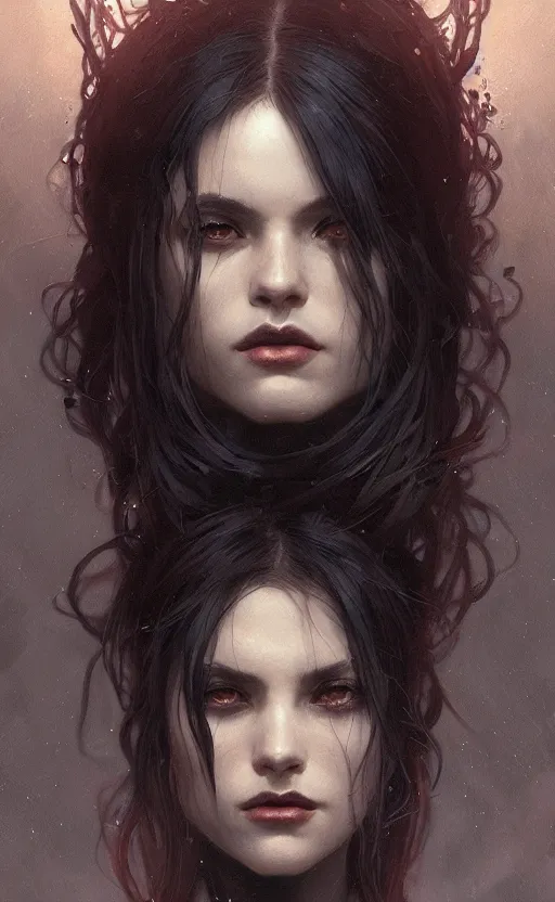 Image similar to portrait of a dark witch, confident, menacing, mysterious, intricate, headshot, highly detailed, digital painting, artstation, concept art, sharp focus, cinematic lighting, illustration, art by artgerm and greg rutkowski, alphonse mucha, cgsociety