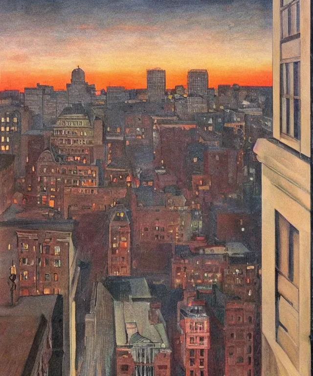 Image similar to horrifying full color photorealistic painting of the view from a 1 9 2 5 hotel terrace balcony overlooking a warped view of downtown boston in 1 9 2 5 at night with a cosmic sky, dark, atmospheric, brooding, smooth, finely detailed, cinematic, epic, in the style of paul carrick