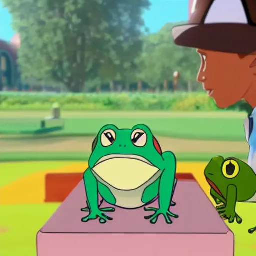 Prompt: frog pokemon, wes anderson, screenshot from pokemon sword and shield