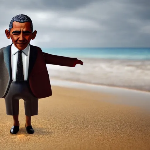 Image similar to dwarf Barak Obama on the beach, artistic, 8k, dramatic lighting