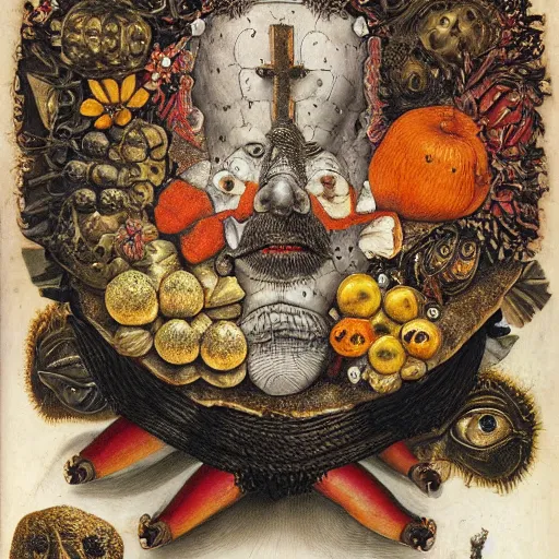 Prompt: album cover, religious reliquary, black, white, orange, psychedelic, giuseppe arcimboldo