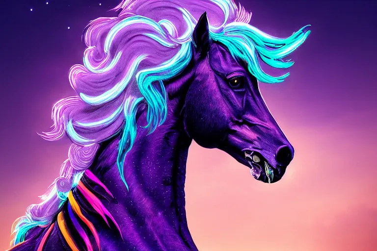 Image similar to a stunning horse with bioluminescent mane and tail running in the clouds by sandra chevrier and greg rutkowski, neon hooves, purple blue color scheme, vaporware, retro, outrun, high key lighting, volumetric light, digital art, highly detailed, fine detail, intricate, ornate, complex, octane render, unreal engine, photorealistic
