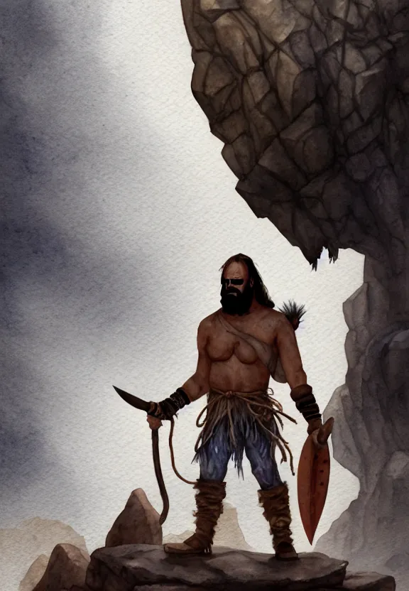 Prompt: a solitary randy savage with an anchor slung over his shoulder alone in a rocky desolate wasteland | portrair | fantasy watercolour painting | middle earth | pathfinder | artstation | conan | darksun | d & d dungeons and dragons | barbarian