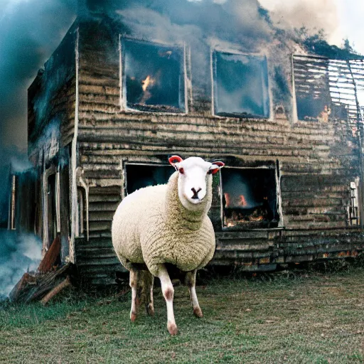 Image similar to a sheep in front of a burning house, cinestill 800t 15mm