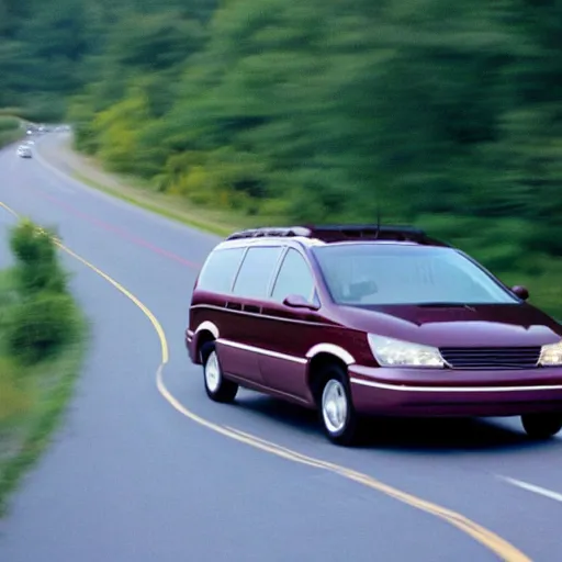 Image similar to A photograph of a 2001 Maroon Chevrolet Caravan driving on highway 411 in Perth, Ontario on a summer night, 10:20 PM, photograph taken in 2009 on a nokia flip phone