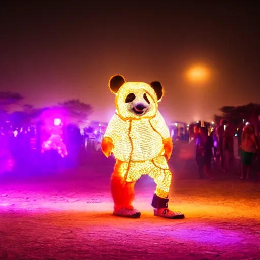 Image similar to a panda wearing led - lined clothing dancing at night on a busy playa at burning man