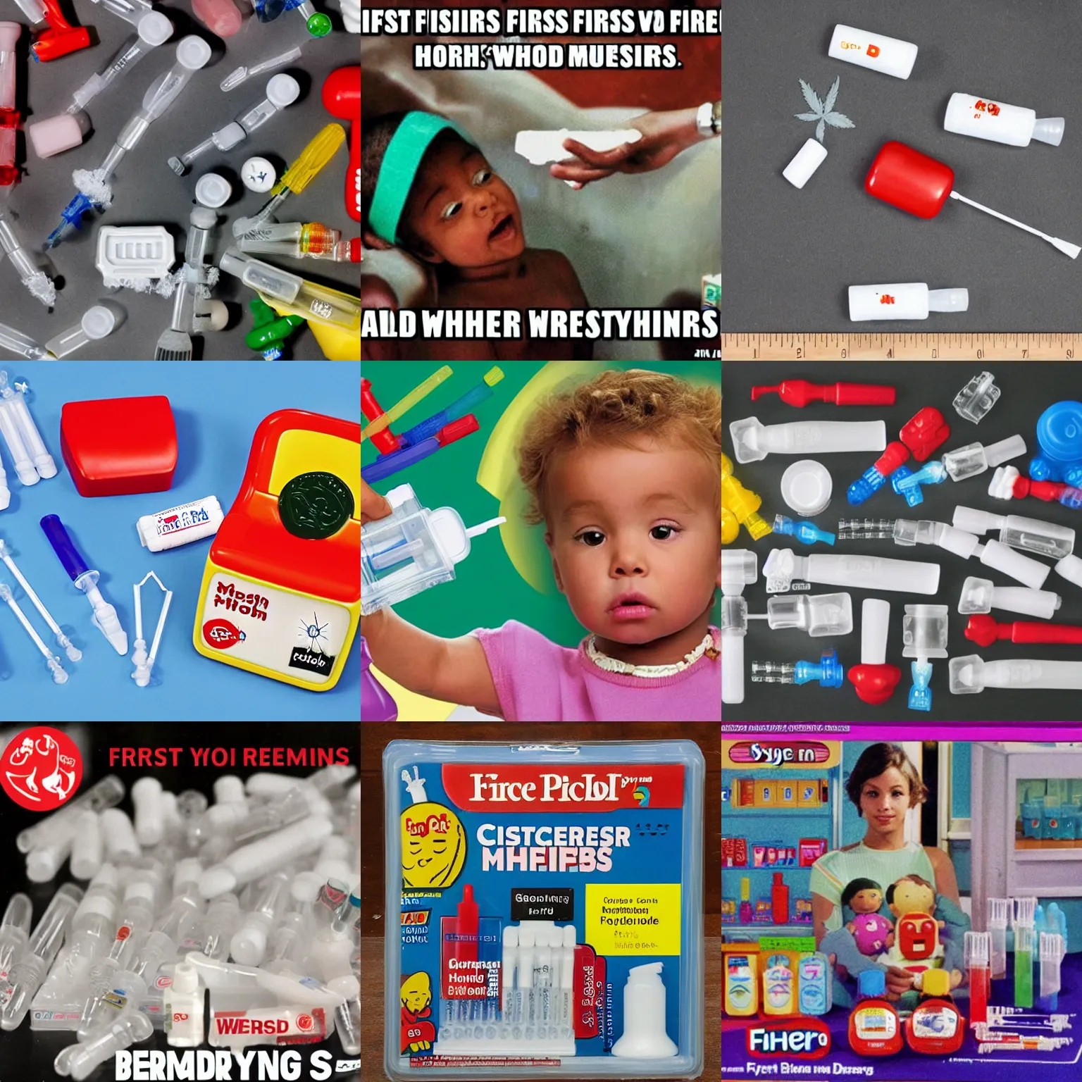 Prompt: fisher price my first cocaine, heroin syringes, weed