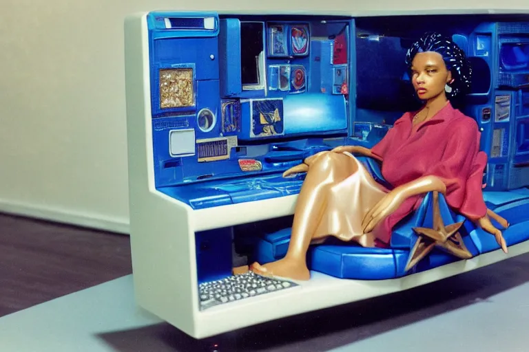 Prompt: an extremely realistic life-sized computer mainframe made of porcelain, beautiful model made of plastic sitting on a starry blue couch, from 1985, bathed in the glow of a crt television, low-light photograph, in style of Tyler Mitchell