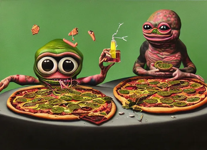 Prompt: hyper realistic detailed painting of a heavy tattooed pepe the frog family in punk clothes in mid 70s italian restaurant eating pepperoni bug pizza with roasted rainbow tungsten cube and sipping on a hopium with a dash of doom juice by Andrei Tarkovsky, Adrian Ghenie, Storm Thorgerson, and Beeple, semi naive, pastel colors, Hilma af Klint color palette, cinematic, very coherent symmetrical artwork, cinematic, hyper realism, high detail, 8k, last supper composition. Beksinski painting, part by Adrian Ghenie and Greg Hildebrandt. art by Tony Matelli. masterpiece
