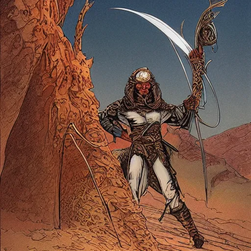 Image similar to Kethlan the elven desert bandit. Epic portrait by james gurney and mœbius.