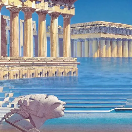 Prompt: young ancient greek godess in helmet, giant gray-haired bearded male head in background, ancient greek temple in background, by David Ligare, wide angle scifi landscape, hyperrealistic surrealism, award winning masterpiece with incredible details, epic stunning, infinity pool, a surreal vaporwave liminal space, highly detailed, trending on ArtStation, artgerm and greg rutkowski and alphonse mucha, daily deviation, IAMAG, broken giant marble head statue ruins, golden hour