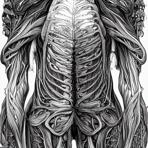 Prompt: a beautiful detailed photo of a full body rotten woman corpse morphing into fractal plants and fractal flowers and mushrooms, muscles, veins, anatomical, intricate, ornate, volumetric light, beautiful lit, beetlejuice