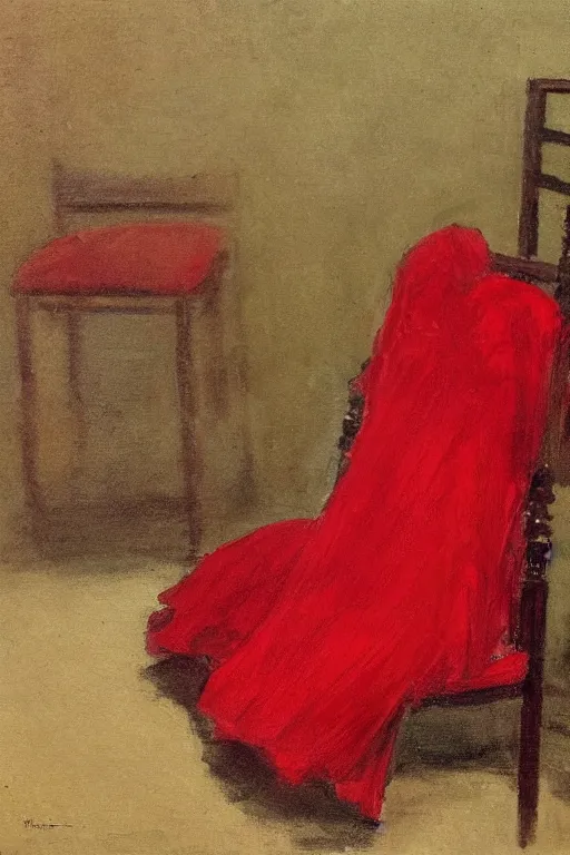 Image similar to an empty red dress laid across a chair in a dark victorian era room. in the style of american impressionism painting.