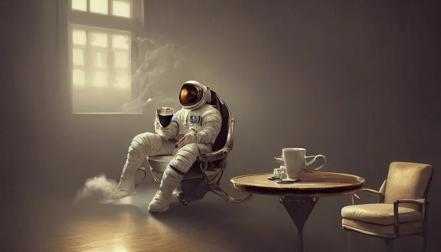 Image similar to astronaut sitting in armchair with cup of coffee with steam from cup, terraformed mars, wide shot, digital painting, intricate details, trending on artstation, concept art, octane render, realistic, highly detailed, smooth, sharp focus, beautiful, 4 k, 8 k, hd, art by charlie bowater and artgerm and greg rutkowski