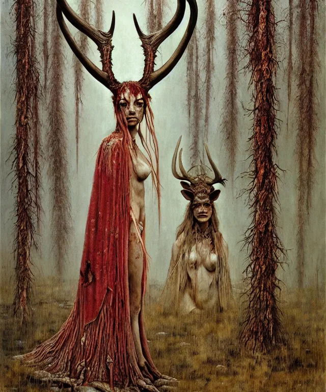 Prompt: a detailed horned antelopewoman stands among the swamps. wearing a ripped mantle, robe. perfect faces, extremely high details, realistic, fantasy art, solo, masterpiece, art by hermann nitsch, zdzislaw beksinski, dariusz zawadzki, giger, dragan bibin