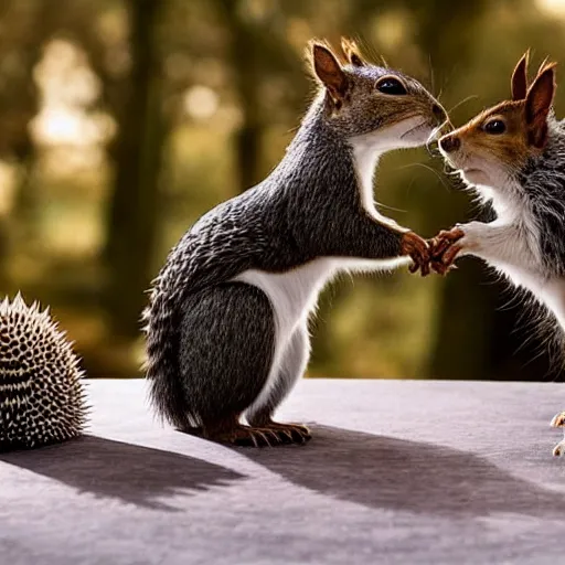 Image similar to a squirrel and a hedgehog sit at a round table and they are shaking hands, a peace treaty sits in the middle of the table, historic photo, united nations