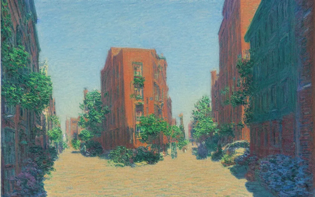 Image similar to photograph of guernsey street in greenpoint brooklyn, oil painting by monet, pastel color palette