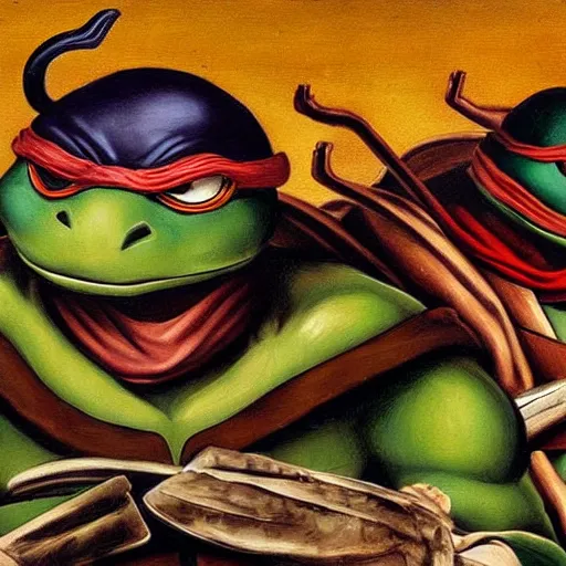 Prompt: teenage mutant ninja turtles by caravaggio, detailed oil painting