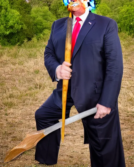 Prompt: a photo of donald trump dressed as a medieval knight. he's holding a giant axe. medium shot portrait. dslr photography