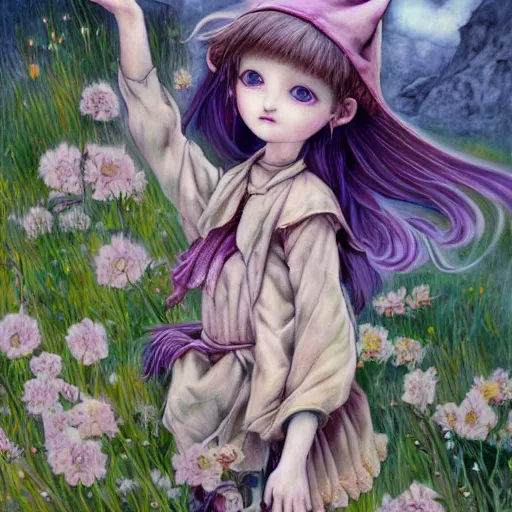 Prompt: little elf girl, grunge outfit, soft hair. light color palate, purple, yellow and white. detailed soft painting, ayami kojima, made in abyss, anatomically correct, inspired in balthus, high detailed face anime, vogue magazine, glorious composition