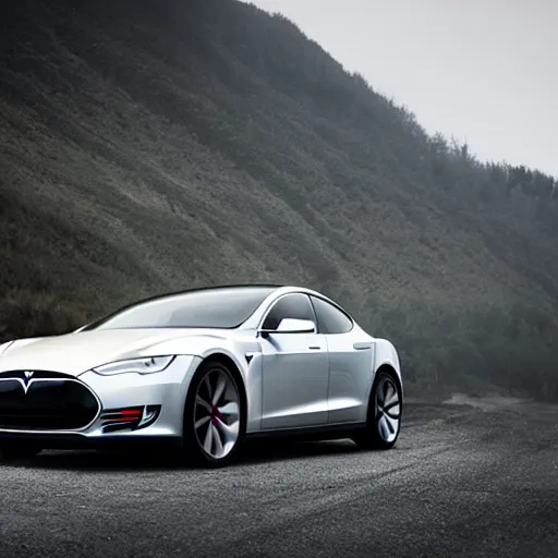 Prompt: a v 8 sport car designed by tesla, outdoor magazine, ambient light, fog