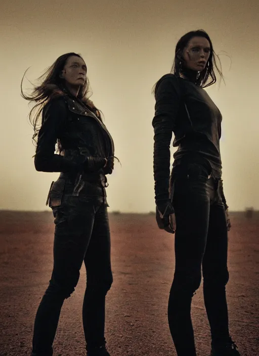 Image similar to cinestill 5 0 d photographic portrait of two loving female androids wearing rugged black techwear on a desolate plain with a red sky, extreme closeup, lizard on ground, cyberpunk style, in front of a brutalist dark metal facility, dust storm, 8 k, hd, high resolution, 3 5 mm, f / 3 2, realistic faces