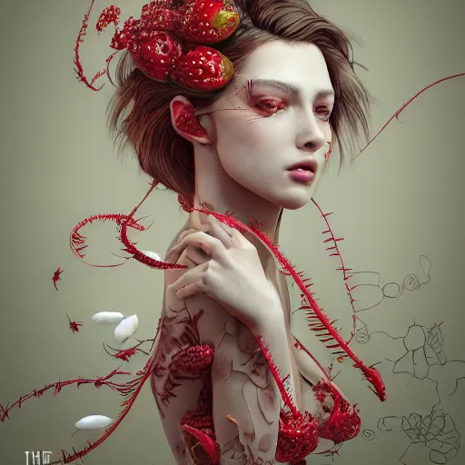 Prompt: the professional photoshoot of an absurdly beautiful, graceful, elegant, sophisticated, fashionable young model made of strawberries and white petals, an ultrafine hyperdetailed illustration by kim jung gi, irakli nadar, intricate linework, bright colors, octopath traveler, final fantasy, unreal engine 5 highly rendered, global illumination, radiant light, detailed and intricate environment