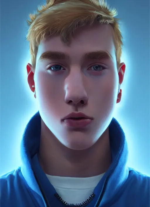 Image similar to portrait of high school senior boy named big moose, blonde short hair, jock, beefy, wide face, square jaw, square facial structure, blue varsity jacket with letter r, intricate, elegant, glowing lights, highly detailed, digital painting, artstation, concept art, sharp focus, illustration, art by wlop, mars ravelo and greg rutkowski