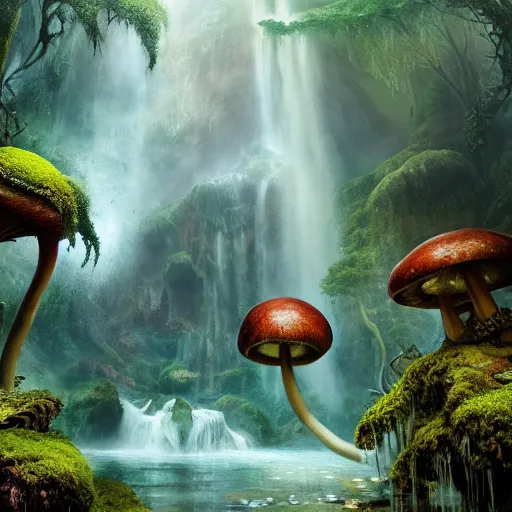 Image similar to tom bagshaw, mythical cavern, soft painting render curiosities carnival pond vegetation rocks gigantic mushrooms and tentacles covered moss luminescent wisps, stunning waterfall, accurate features, focus, very intricate ultrafine details, random volumetric lighting, fog, award winning masterpiece, octane render 8 k hd, artstation