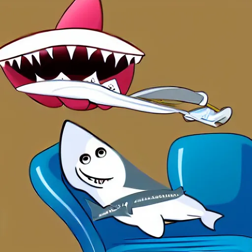 Prompt: cartoon shark having dental work in the dentist chair